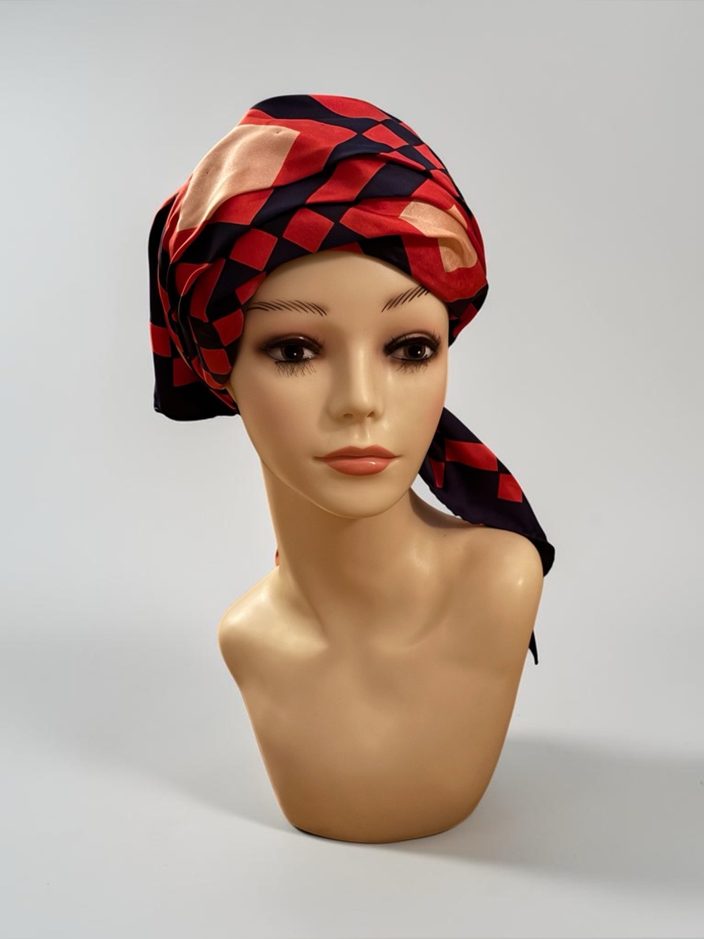 Vintage Silk Turban Hat: Red Black Geometric Checkered Scarf Headwrap